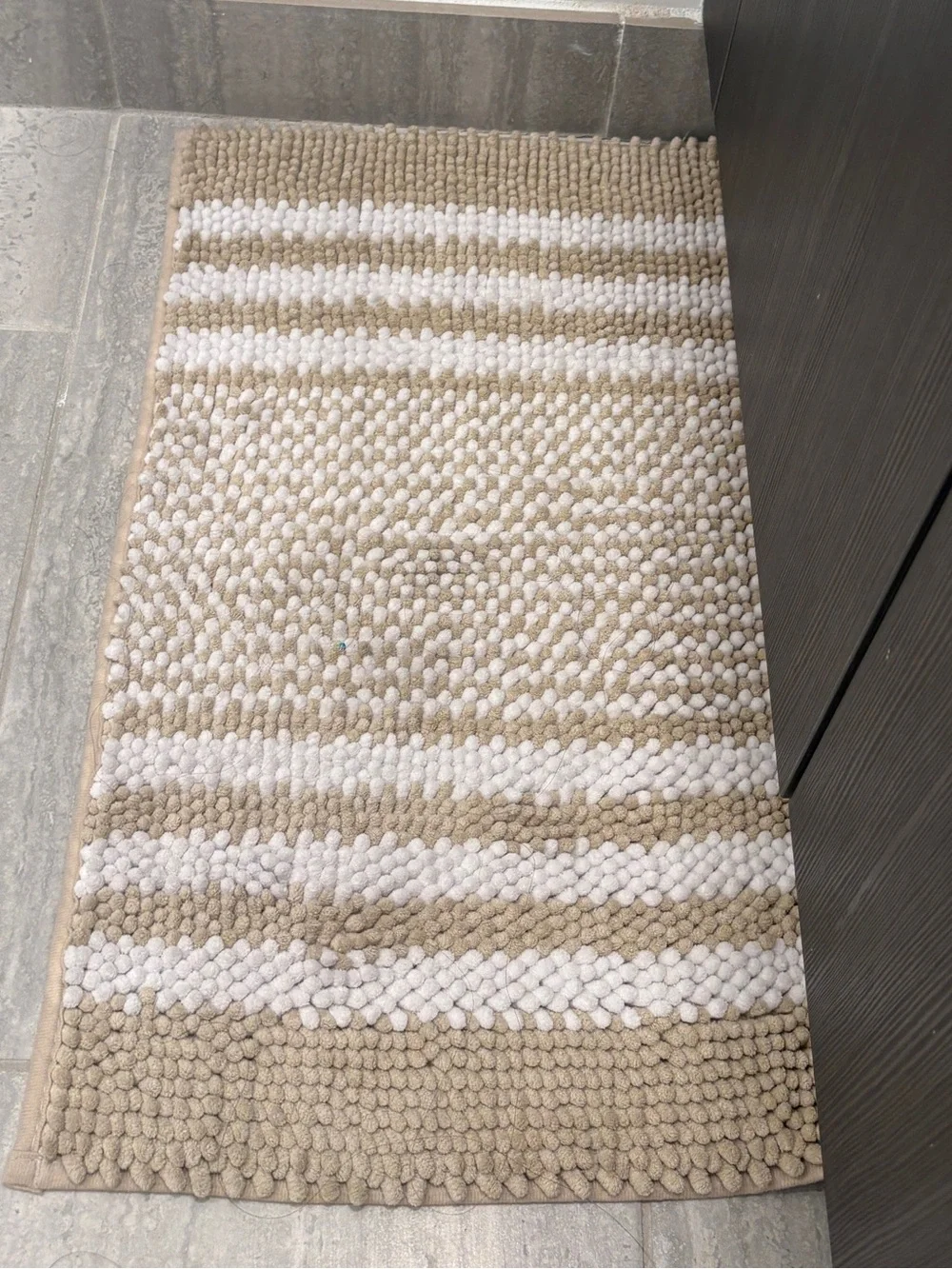 Set of 2 Beige and White Striped Chenille Bath Mat - Soft Absorbent